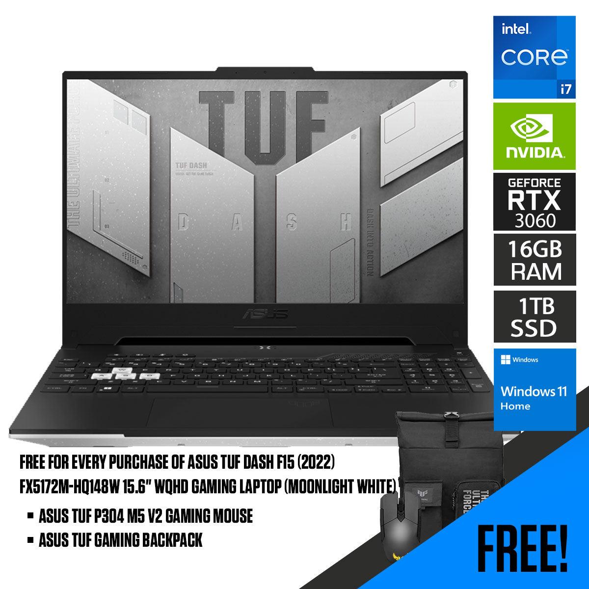 ASUS TUF Dash F15 (2022) FX517ZM - HQ148W Gaming Laptop (Moonlight White) | 15.6" WQHD | i7 - 12650H | 16GB RAM DDR5 | 1 TB SSD | Windows 11 Home | TUF Gaming Backpack | ASUS TUF P304 M5 V2 Gaming Mouse - Nectostry