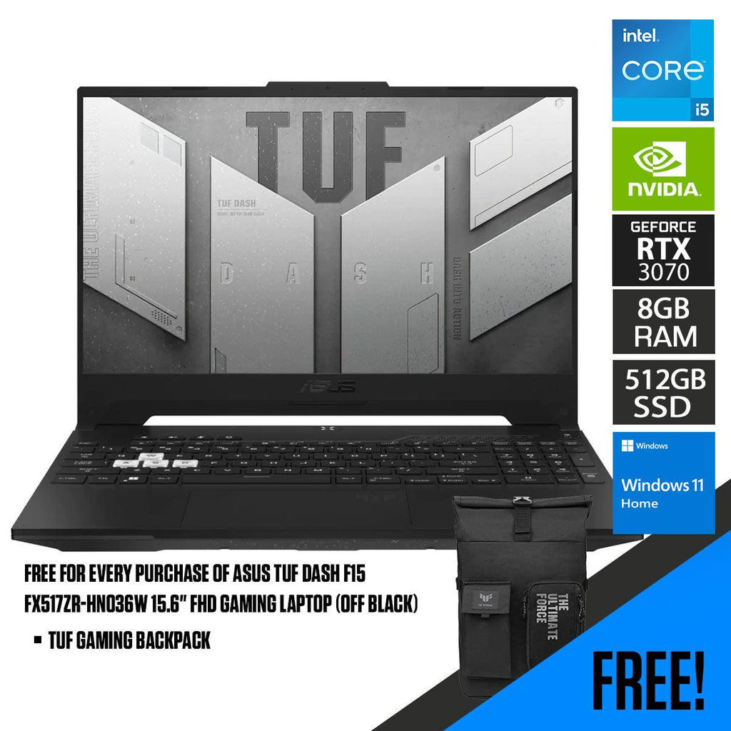 ASUS TUF Dash F15 FX517ZR - HN036W Gaming Laptop (Off Black) | 15.6” FHD | i5 - 12450H | 8 GB RAM DDR5 | 512 GB SSD | RTX™ 3070 | Windows 11 Home | TUF Gaming Backpack - Nectostry
