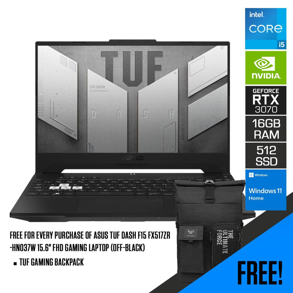 ASUS TUF Dash F15 FX517ZR - HN037W Gaming Laptop (Off Black) | 15.6" FHD | i5 - 12450H | 16GB RAM DDR5 | 512GB M.2 SSD | RTX 3070 | Windows 11 Home | TUF Gaming Backpack - Nectostry