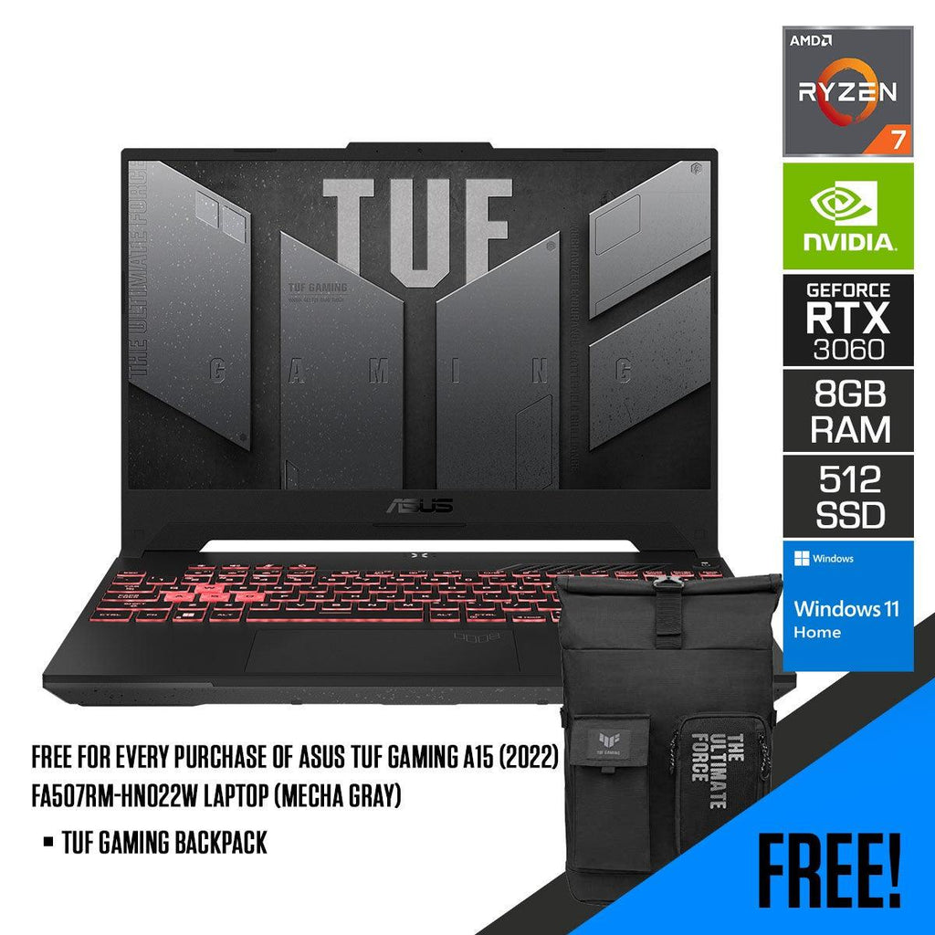 ASUS TUF Gaming A15 (2022) FA507RM - HN022W Laptop (Mecha Gray) | 15.6" FHD | Ryzen™ 7 6800H | 8GB DDR5 | 512GB SSD | Windows 11 Home | TUF Gaming Backpack - Nectostry