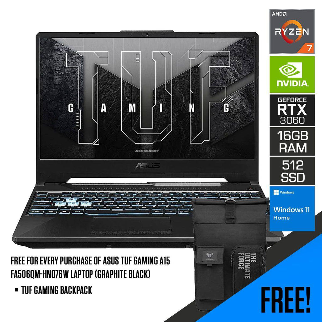 ASUS TUF Gaming A15 FA506QM - HN076W Laptop (Graphite Black) | 15.6” FHD | AMD Ryzen™ 7 5800H | 16GB DDR4 | 512GB SSD | RTX™ 3060 | Windows 11 Home | TUF Gaming Backpack - Nectostry