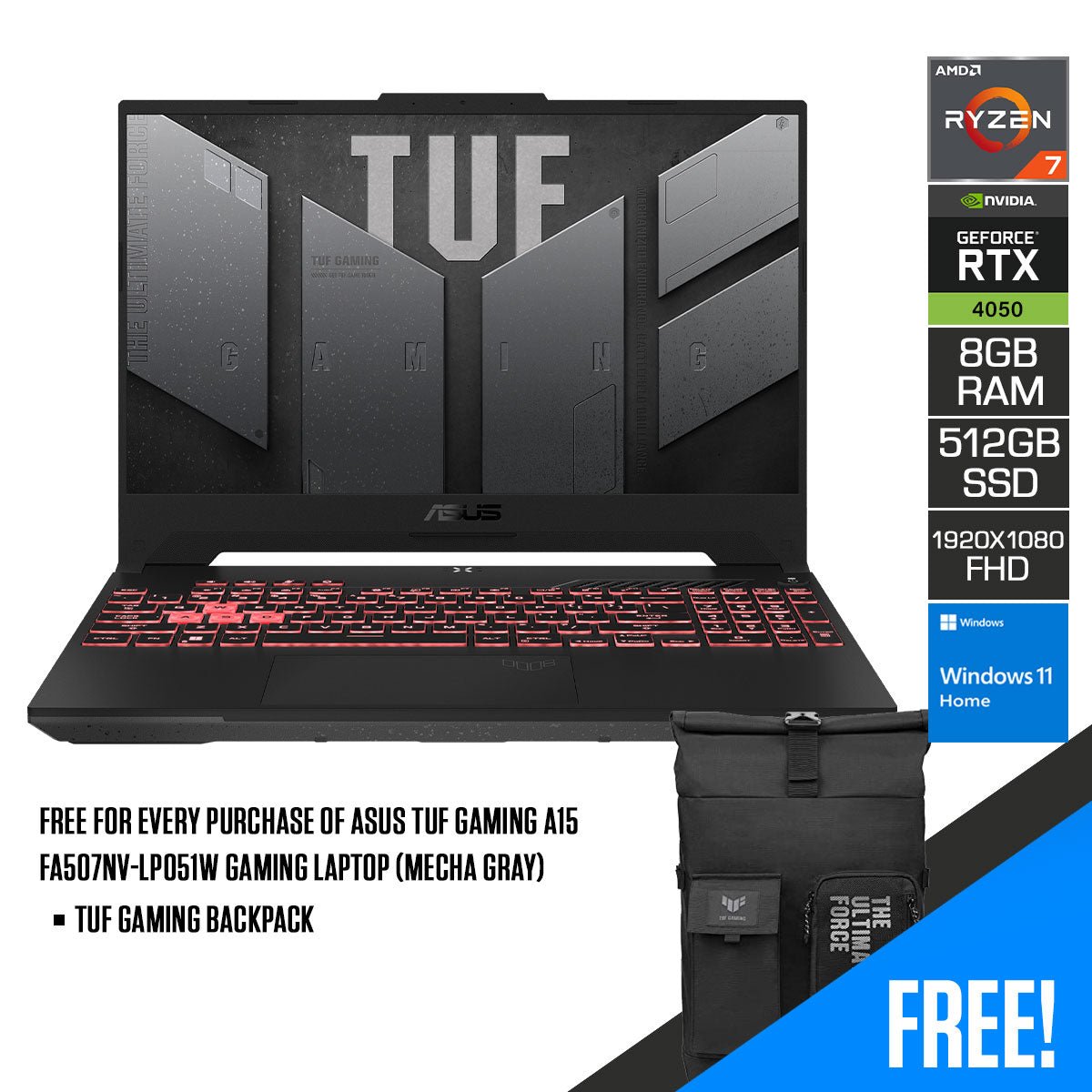 Asus TUF Gaming A15 FA507NU - LP066W Gaming Laptop (Mecha Gray) | 15.6” FHD | Ryzen 7 7735HS | 8GB DDR5 | 512GB SSD | RTX 4050 | Windows 11 Home | TUF Gaming Backpack - Nectostry