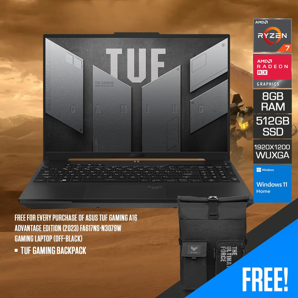 Asus TUF Gaming A16 Advantage Edition (2023) FA617NS - N3079W Gaming Laptop (Off - Black) | 16” WUXGA (1920x1200) 165Hz | Ryzen 7 7735HS | 8GB RAM | 512GB SSD | AMD Radeon RX 7600S | Windows 11 Home | TUF Gaming Backpack - Nectostry