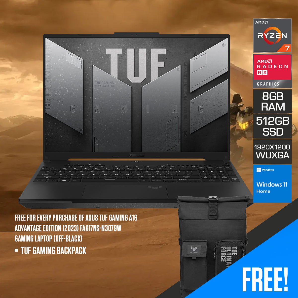 Asus TUF Gaming A16 Advantage Edition (2023) FA617NS - N3079W Gaming Laptop (Off - Black) | 16” WUXGA (1920x1200) 165Hz | Ryzen 7 7735HS | 8GB RAM | 512GB SSD | AMD Radeon RX 7600S | Windows 11 Home | TUF Gaming Backpack - Nectostry