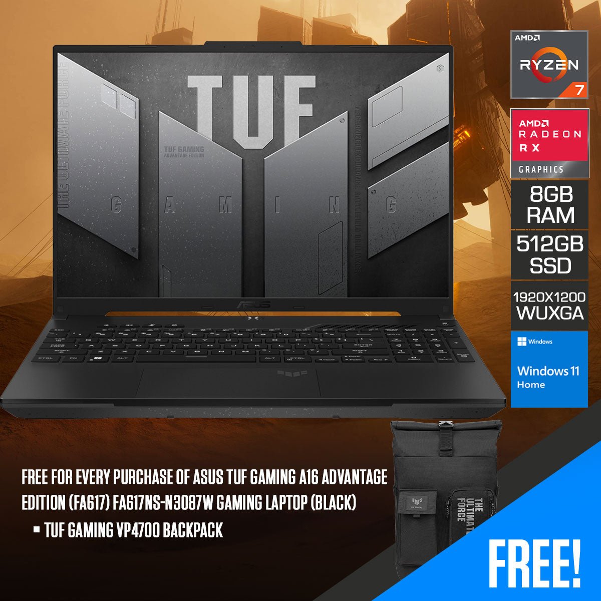 Asus TUF Gaming A16 Advantage Edition (FA617) FA617NS - N3087W Gaming Laptop (Black) | 16" WUXGA | Ryzen 7 7735HS | 8GB RAM | 512GB SSD | Radeon RX 7600S | Windows 11 Home | TUF Gaming VP4700 Backpack - Nectostry