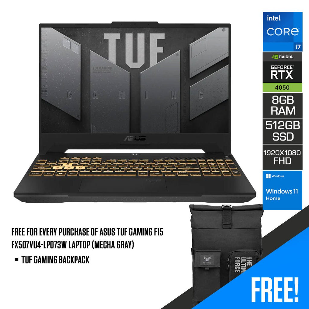 Asus TUF Gaming F15 FX507VU4 - LP073W Laptop (Mecha Gray) | 15.6” FHD 144Hz (1920 x 1080) | i7 - 13700H | 8GB DDR4 | 512GB SSD | RTX 4050 | Windows 11 Home | TUF Gaming Backpack - Nectostry