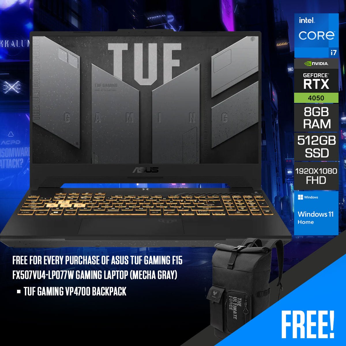 Asus TUF Gaming F15 FX507VU4 - LP077W Gaming Laptop (Mecha Gray) | 15.6” FHD 144Hz (1920x1080) | i7 - 13700H | 8GB RAM | 512GB SSD | RTX 4050 | Windows 11 Home | TUF Gaming VP4700 Backpack - Nectostry