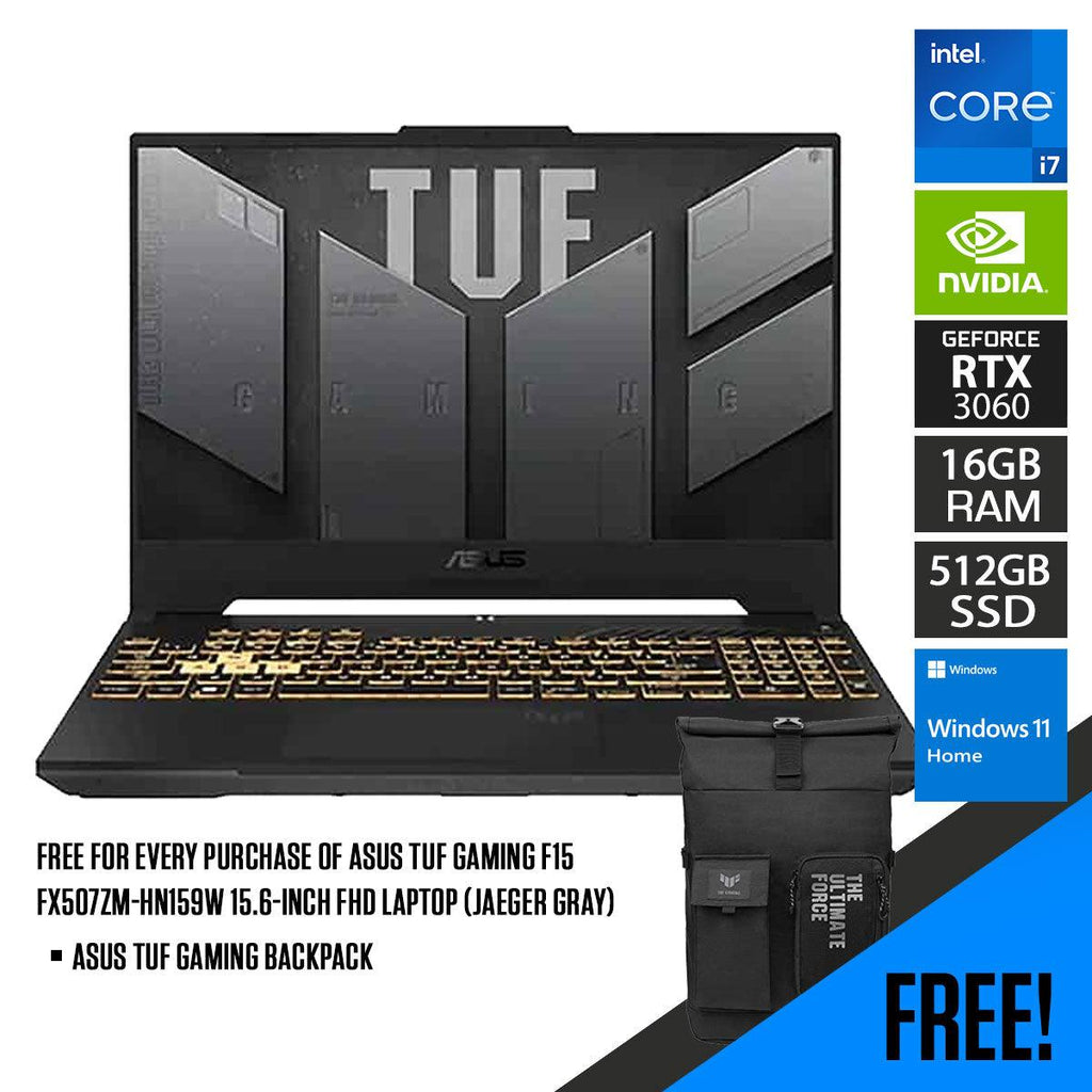 Asus TUF Gaming F15 FX507ZM - HN159W Laptop (Jaeger Gray) | 15.6” FHD | i7 - 12700H | 16GB DDR5 | 512 GB SSD | RTX™ 3060 | Windows 11 Home | TUF Gaming Backpack - Nectostry