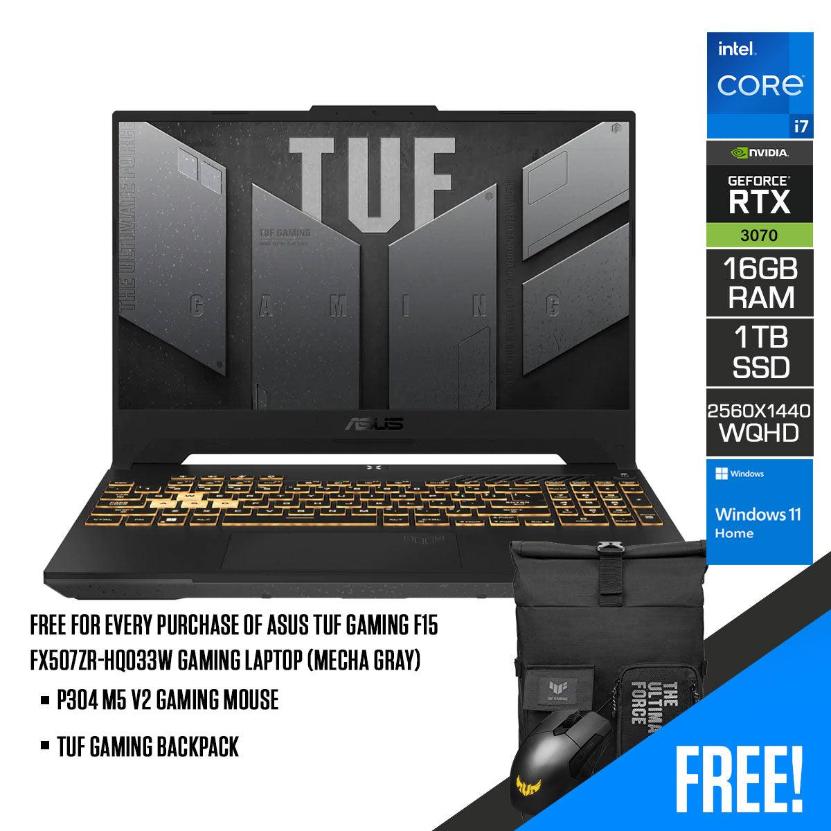 ASUS TUF Gaming F15 FX507ZR - HQ033W Gaming Laptop (Mecha Gray) | 15.6" WQHD (2560 x 1440) | i7 - 12700H | 16GB DDR5 | 1TB SSD | RTX™ 3070 | Windows 11 Home | Asus TUF P304 M5 V2 Gaming Mouse | TUF Gaming Backpack - Nectostry