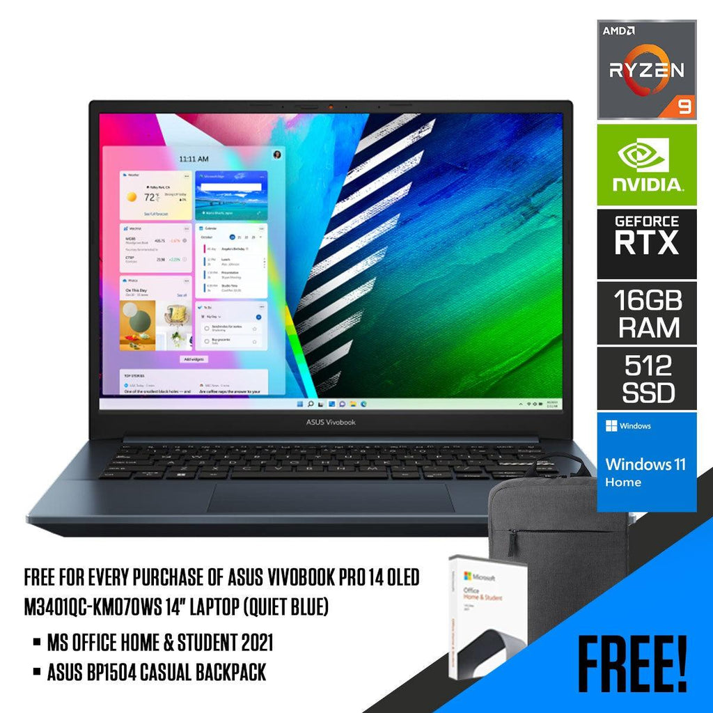 ASUS Vivobook Pro 14 OLED M3401QC - KM070WS Laptop (Quiet Blue) | 14" OLED | RTX™ 3050 | Windows 11 Home | MS Office Home & Student 2021 | ASUS BP1504 Casual Backpack - Nectostry