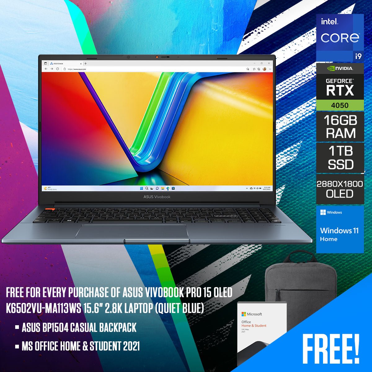 Asus Vivobook Pro 15 OLED K6502VU - MA113WS Laptop (Quiet Blue) | 15.6" 2.8K (2880 x 1800) OLED | i9 - 13900H | 16GB RAM | RTX 4050 | 1TB SSD | Windows 11 Home | MS Office H&S 2021 | Asus BP1504 Casual Backpack - Nectostry