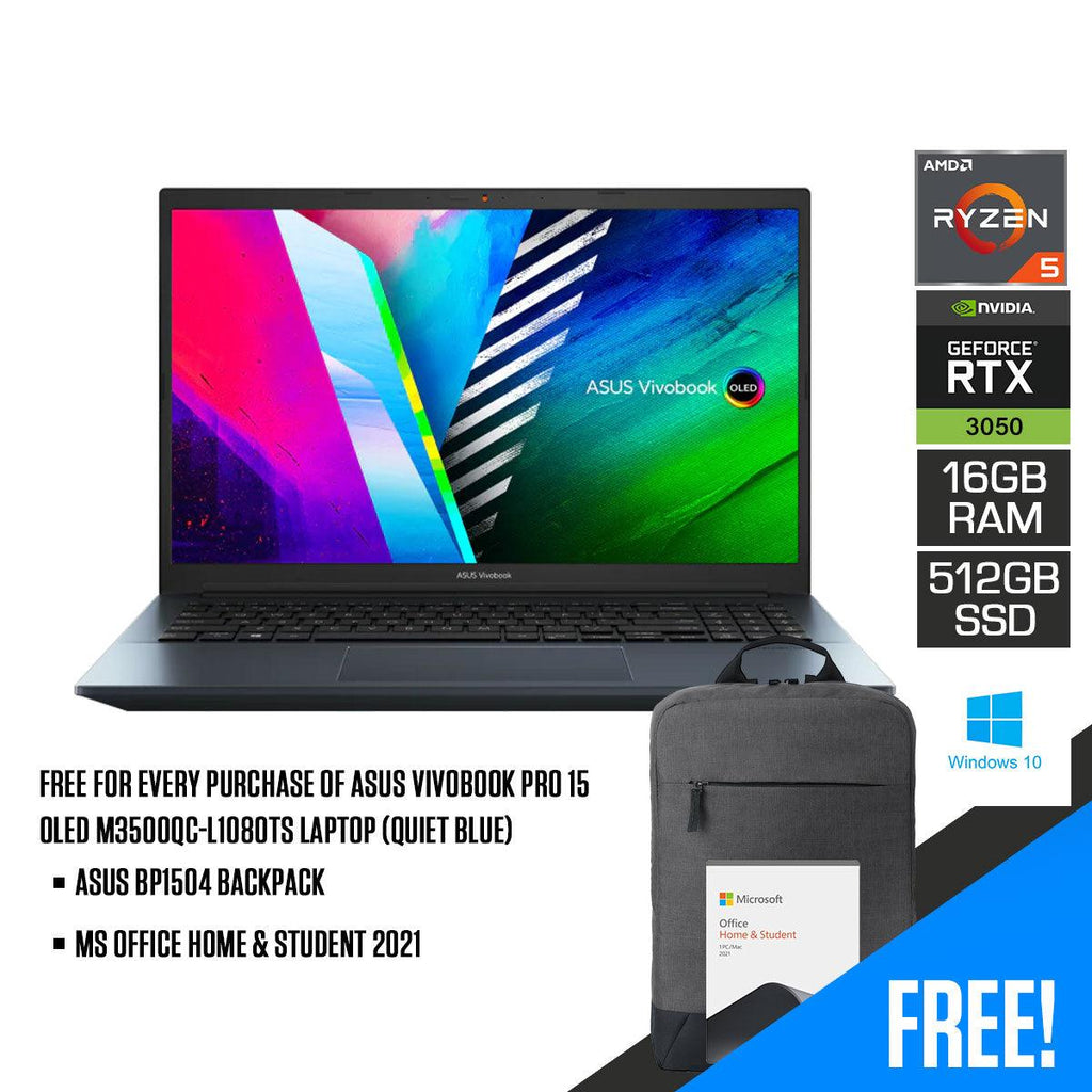 ASUS Vivobook Pro 15 OLED M3500QC - L1080TS Laptop (Quiet Blue) | 15.6" FHD | 16GB DDR4 | 512GB SSD | RTX™ 3050 | Windows 10 Home | MS Office Home & Student 2021 | ASUS BP1504 Casual Backpack - Nectostry