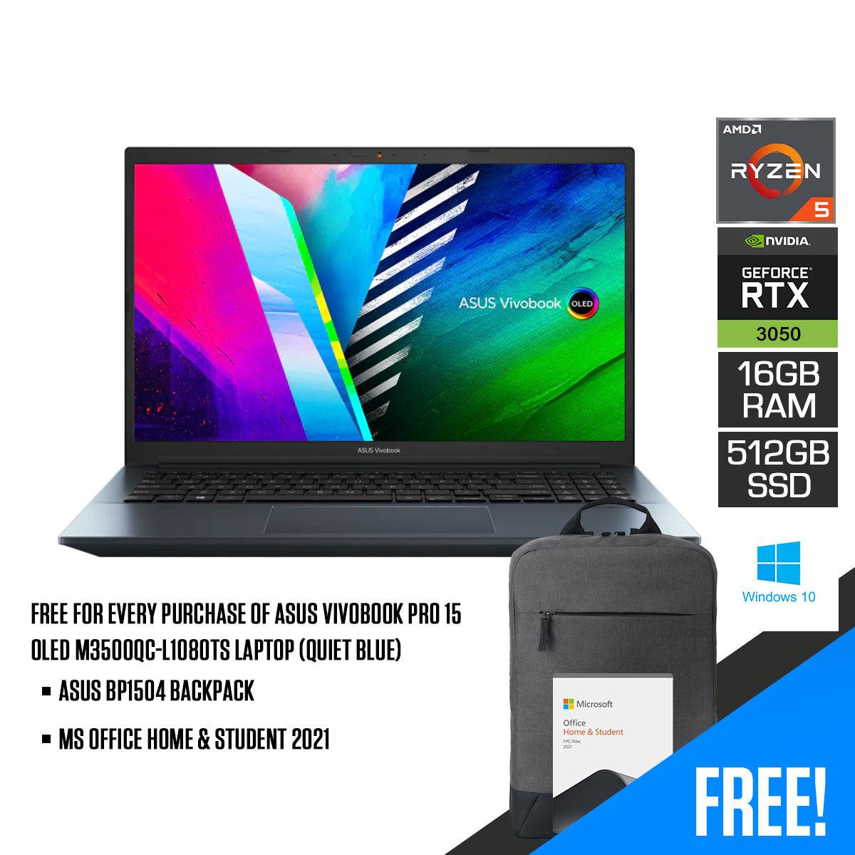 ASUS Vivobook Pro 15 OLED M3500QC - L1080TS Laptop (Quiet Blue) | 15.6" FHD | 16GB DDR4 | 512GB SSD | RTX™ 3050 | Windows 10 Home | MS Office Home & Student 2021 | ASUS BP1504 Casual Backpack - Nectostry