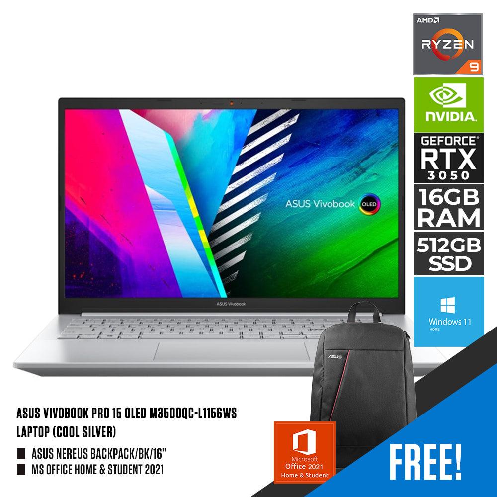 ASUS VIVOBOOK PRO 15 OLED M3500QC - L1156WS LAPTOP (COOL SILVER) | 15.6” FHD | RYZEN™ 9 5900HX | 16GB DDR4 | 512GB SSD | RTX 3050 | WIN11 + MS OFFICE HOME & STUDENT 2021 + ASUS NEREUS BACKPACK/BK/ - Nectostry