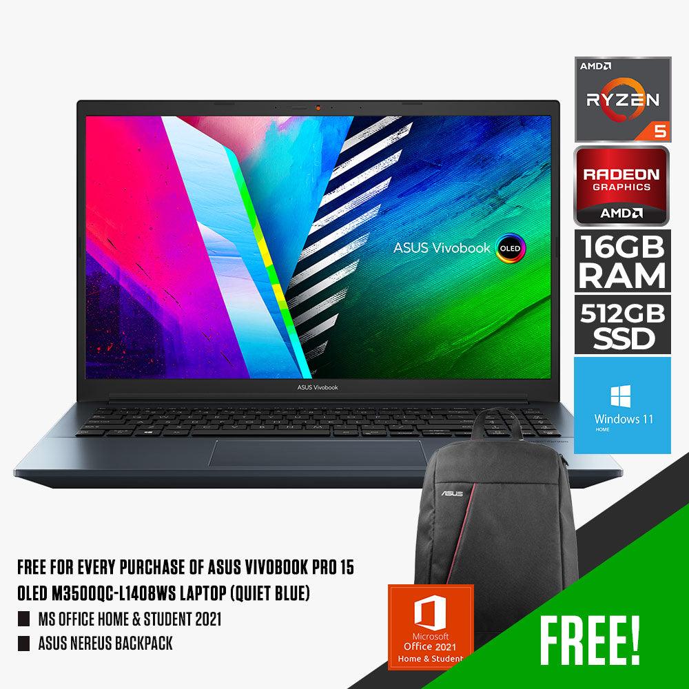 ASUS VIVOBOOK PRO 15 OLED M3500QC - L1408WS LAPTOP (QUIET BLUE) | 15.6" FHD | RYZEN™ 5 5600H | 16GB DDR4 | 512GB SSD | AMD RADEON | WIN 11 + MS OFFICE HOME & STUDENT 2021 W/ ASUS NEREUS BACKPACK - Nectostry
