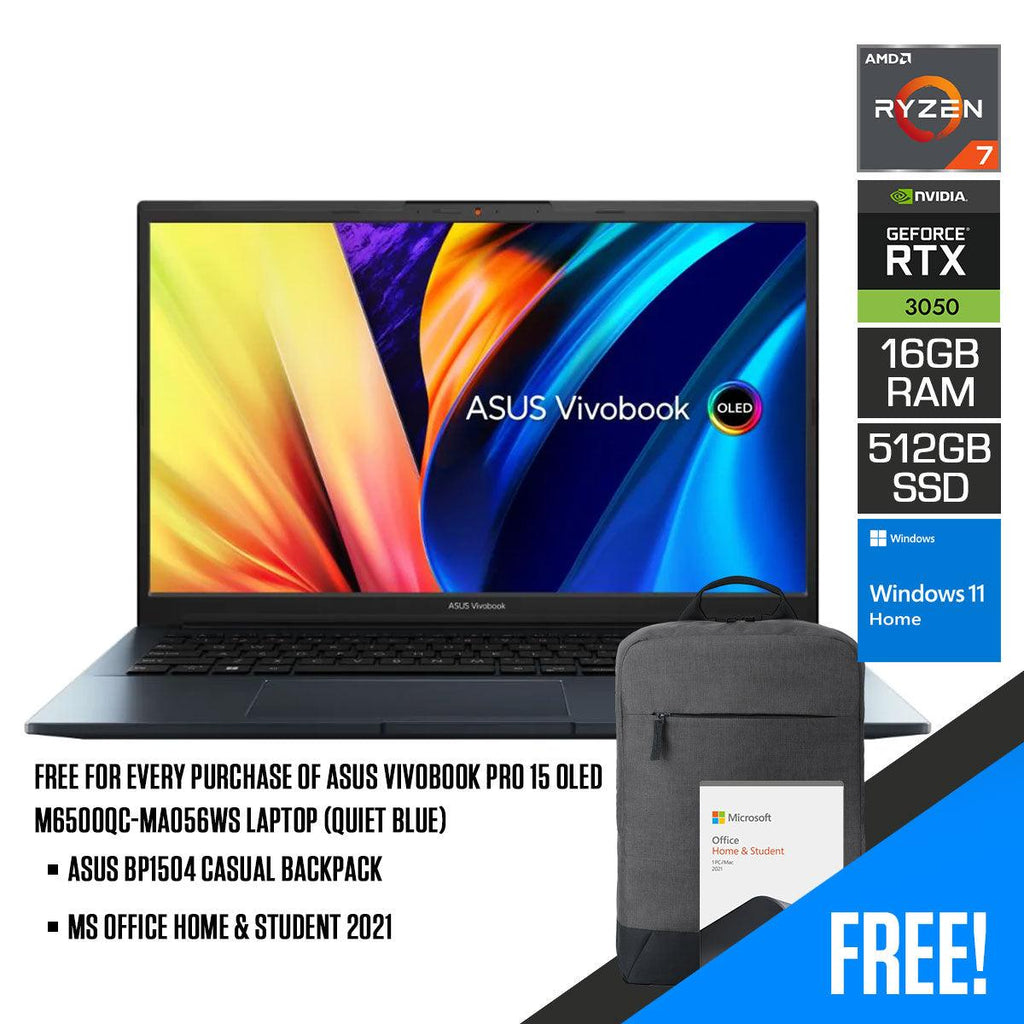 Asus Vivobook Pro 15 OLED M6500QC - MA056WS Laptop (Quiet Blue) | 15.6” 2.8K | Ryzen 7 5800H | 16GB RAM | 512GB SSD | RTX 3050 | Windows 11 Home | MS Office H&S 2021 | Asus BP1504 Casual Backpack - Nectostry