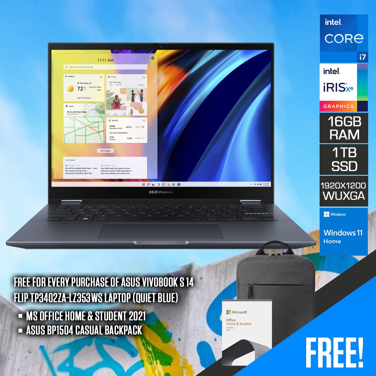 Asus Vivobook S 14 Flip TP3402ZA - LZ353WS Laptop (Quiet Blue) | 14" (1920x1200) | i7 - 12700H | 16GB RAM | 1TB SSD | Intel Iris Xe Graphics | Windows 11 Home | MS Office Home & Student 2021 | Asus BP1504 Casual Backpack - Nectostry