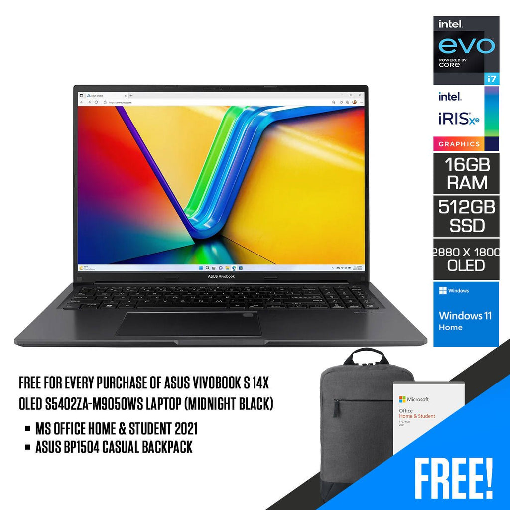 Asus Vivobook S 14X OLED S5402ZA - M9050WS Laptop (Midnight Black) | 14.5" (2880 x 1800) | i7 12700H | 16GB RAM DDR4 | 512 GB SSD | Intel Iris Xe Graphics | Windows 11 Home | MS Office Home & Student 2021 | Asus BP1504 Casual Backpack - Nectostry