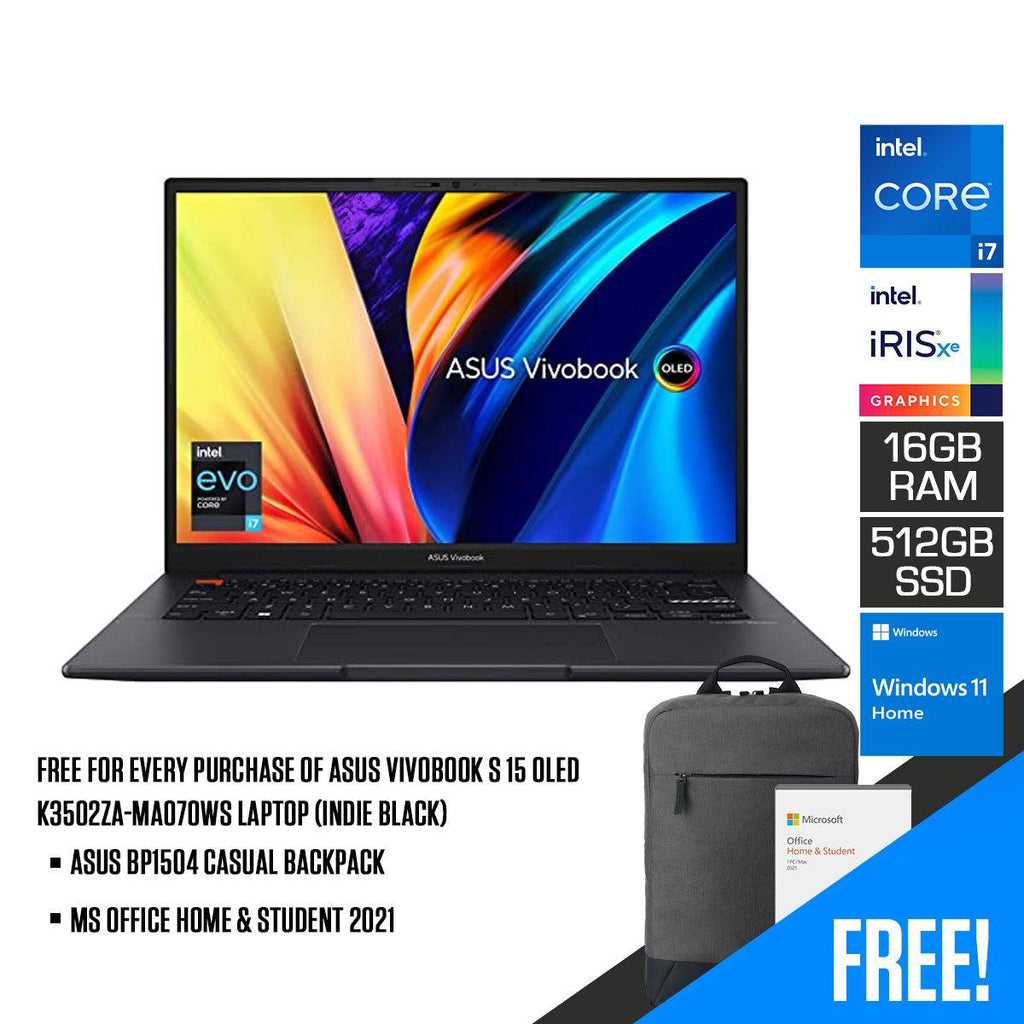 Asus Vivobook S 15 OLED K3502ZA - MA070WS Laptop (Indie Black) | 15.6" 2.8K | i7 - 12700H | 16GB RAM | 512GB SSD | Intel® Iris Xe Graphics | Windows 11 Home | MS Office Home & Student 2021 | Asus BP1504 Casual Backpack - Nectostry