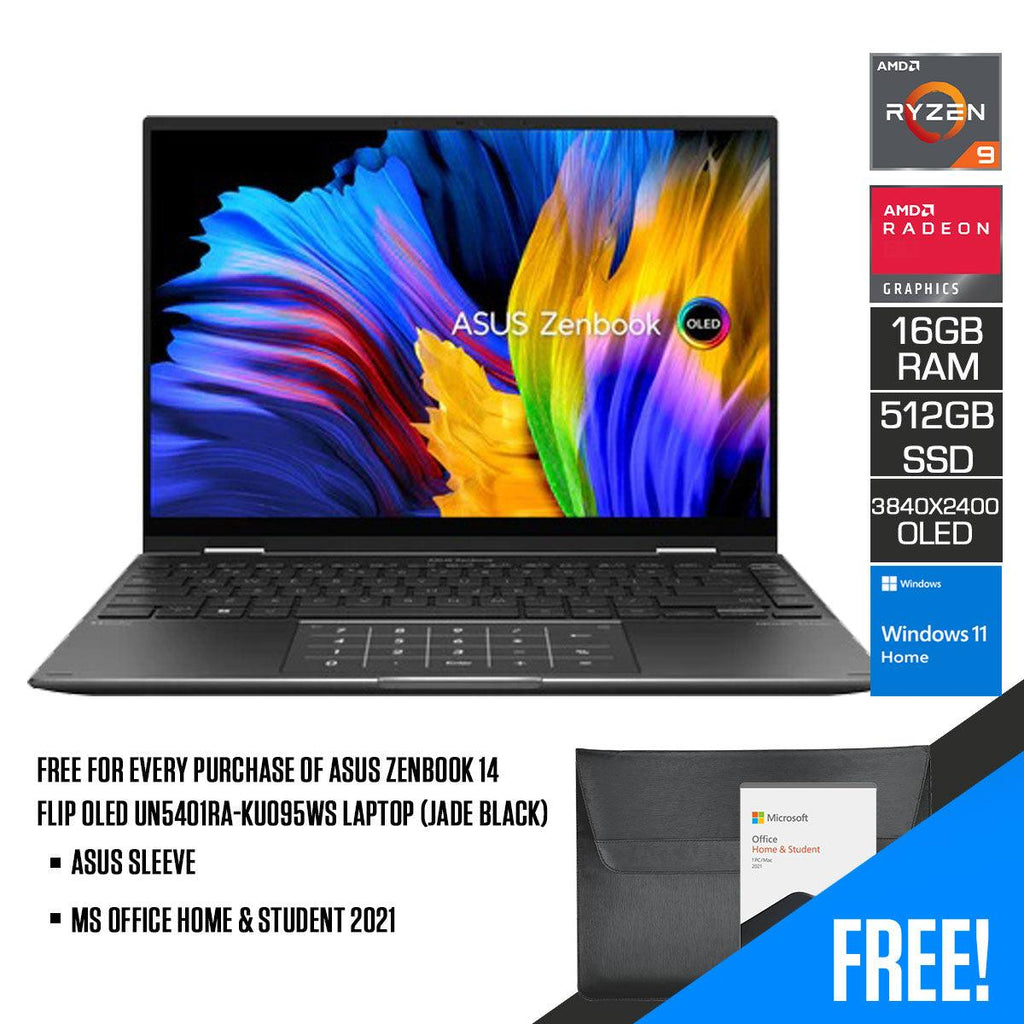 Asus Zenbook 14 Flip OLED UN5401RA - KU095WS Laptop (Jade Black) | 14" 4K (3840 x 2400) OLED | Ryzen™ 9 6900HX | 16GB LPDDR5 RAM | 512GB SSD | AMD Radeon™ Graphics | Windows 11 Home | MS Office Home & Student 2021 | Asus Sleeve - Nectostry