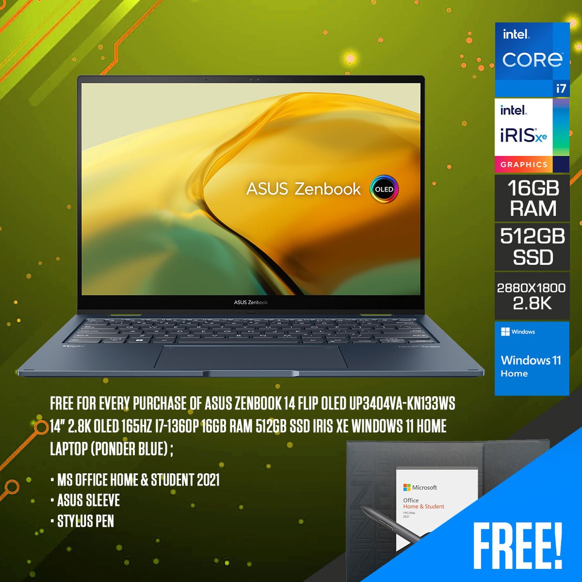 Asus Zenbook 14 Flip OLED UP3404VA - KN133WS Laptop (Ponder Blue) | 14" 2.8K OLED | 165HZ | I7 - 1360P | 512GB SSD | 16GB RAM | IRIS XE | Windows 11 Home | MS Office Home & Student 2021 | Asus Sleeve | Stylus Pen - Nectostry