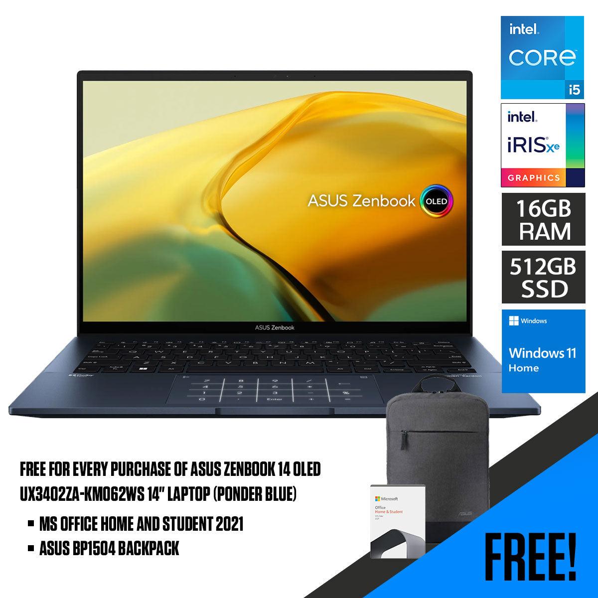 ASUS Zenbook 14 Oled UX3402ZA - KM062WS Laptop (Ponder Blue) | 14" 2.8K Oled | i5 - 1240P | 16GB LPDDR5 | 512 GB SSD | Iris Xᵉ Graphics | Windows 11 Home | MS Office Home & Student 2021 | ASUS BP1504 Casual Backpack - Nectostry