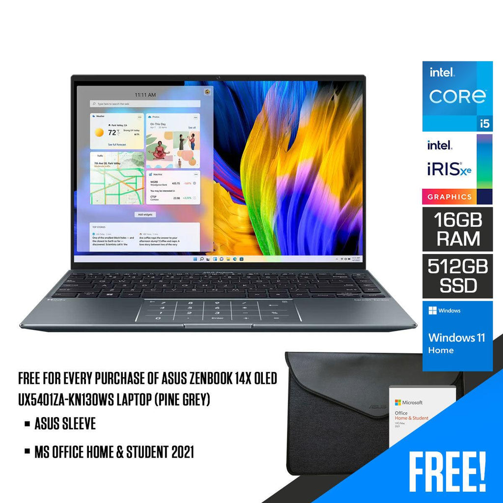 Asus Zenbook 14X OLED UX5401ZA - KN130WS Laptop (Pine Grey) | 14" 2.8K | i5 - 12500H | 16GB RAM | 512GB SSD | Intel Iris Xᵉ Graphics | Windows 11 Home | MS Office Home & Student 2021 | Asus Sleeve - Nectostry