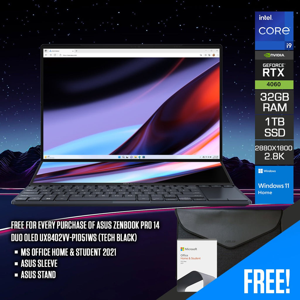 Asus Zenbook Pro 14 Duo OLED UX8402VV - P1051WS (Tech Black) | 14.5" 2.8K OLED (2880x1800) | i9 - 13900H | 32GB RAM | RTX 4060 | 1TB SSD | Windows 11 Home | MS Office Home & Student 2021 | Asus Sleeve | Asus Stand - Nectostry