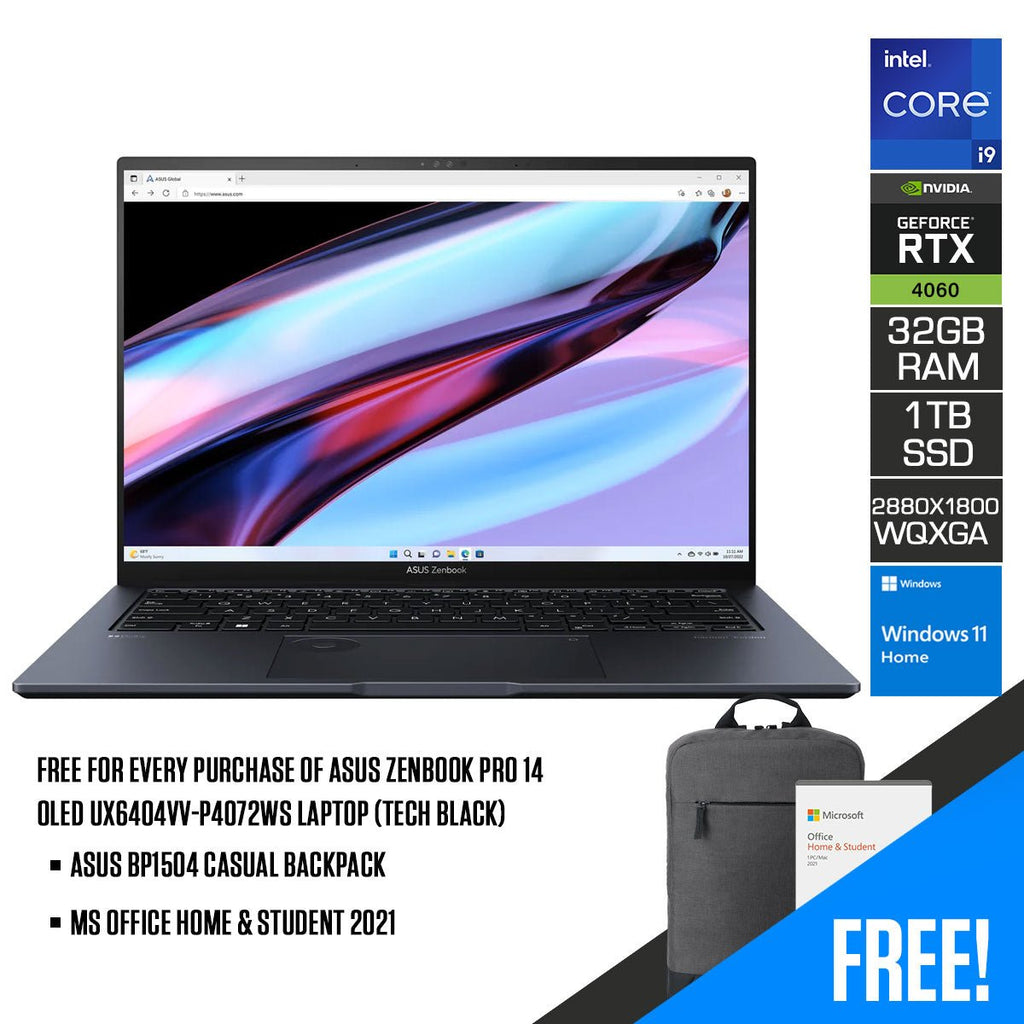 Asus Zenbook Pro 14 OLED UX6404VV - P4072WS Laptop (Tech Black) | 14.5" WQXGA (2880x1800) OLED | i9 13900H | 32GB RAM | RTX 4060 | 1TB SSD | Windows 11 Home | MS Office Home & Student 2021 | Asus BP1504 Casual Backpack - Nectostry
