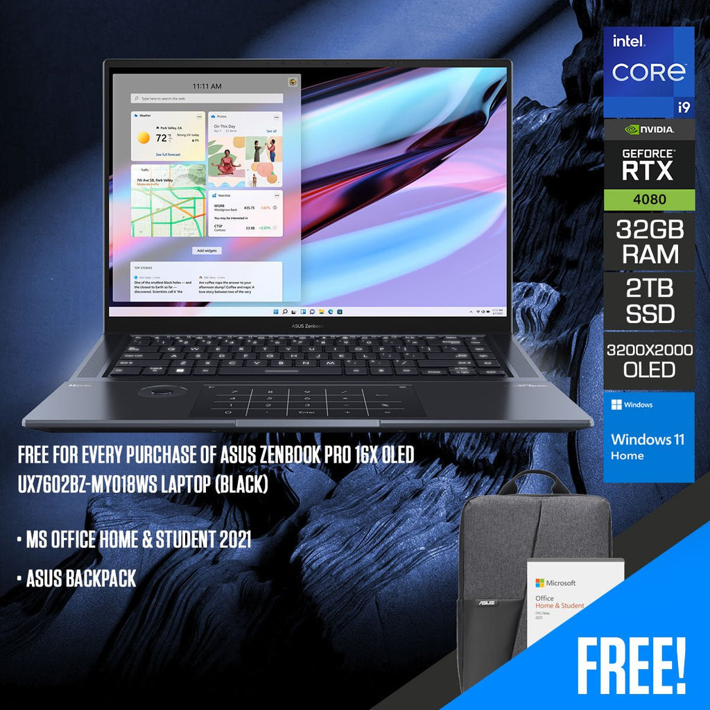 Asus Zenbook Pro 16X OLED UX7602BZ - MY018WS Laptop (Black) | 16" 3.2K OLED (3200x2000) Touchscreen | i9 - 13905H | 32GB RAM | RTX 4080 | 2TB SSD | Windows 11 Home | MS Office Home & Student 2021 | Asus Backpack - Nectostry