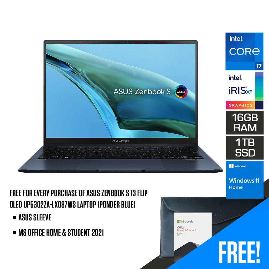 Asus Zenbook S 13 Flip Oled UP5302ZA - LX087WS Laptop (Ponder Blue) | 13.3" WQXGA | i7 - 1260P | 16GB LPDDR5 | 1TB SSD | Intel® Iris Xe Graphics | Windows 11 Home | MS Office H&S 2021 | Asus Sleeve - Nectostry