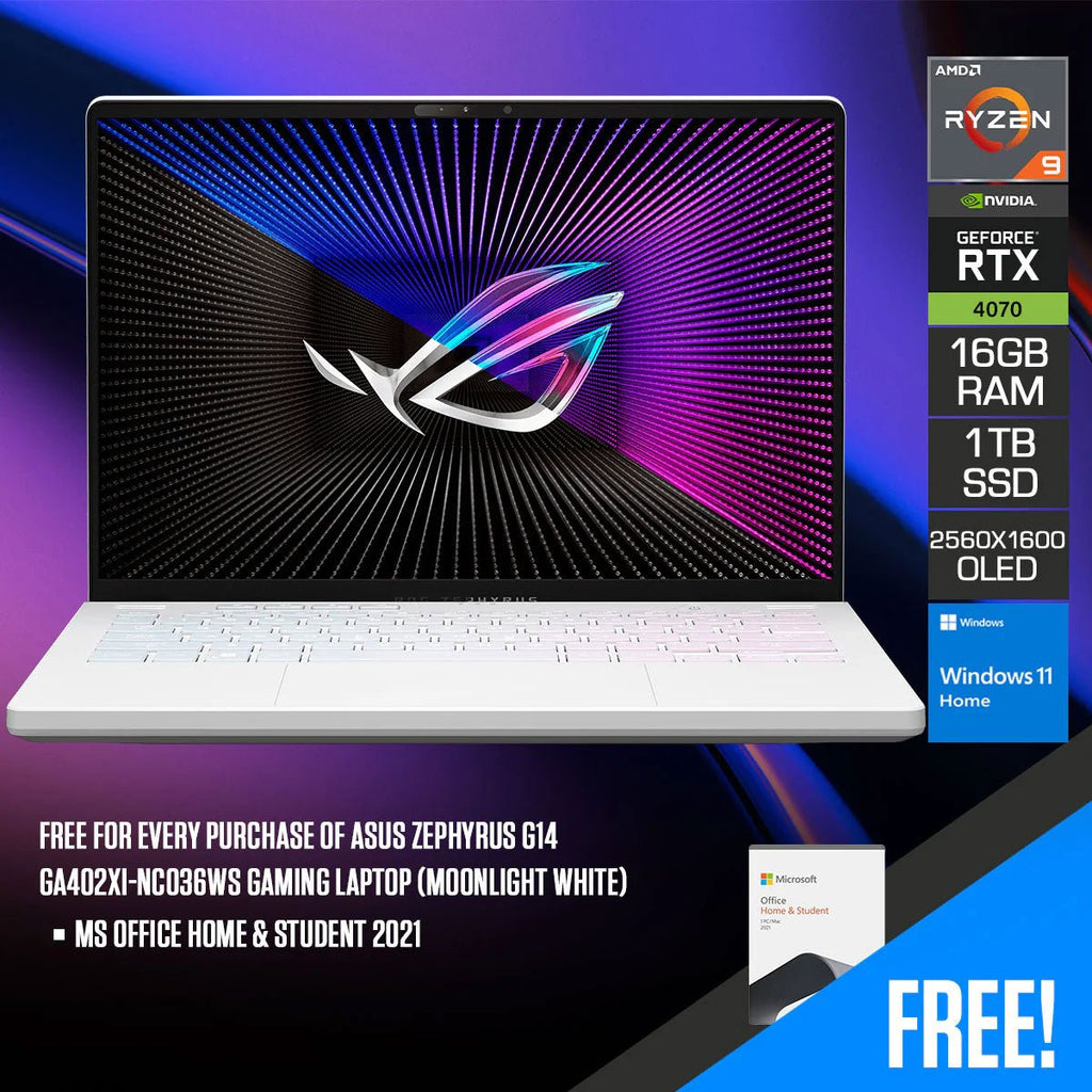 Asus Zephyrus G14 GA402XI - NC036WS Gaming Laptop (Moonlight White) 14" WQXGA Mini Led 165HZ R9 - 7940HS 1TB PCIE4 SSD 8GB GDDR6 + 16GB X 2 RTX 4070 Win 11 Home MS Office Home & Student 2021 - Nectostry