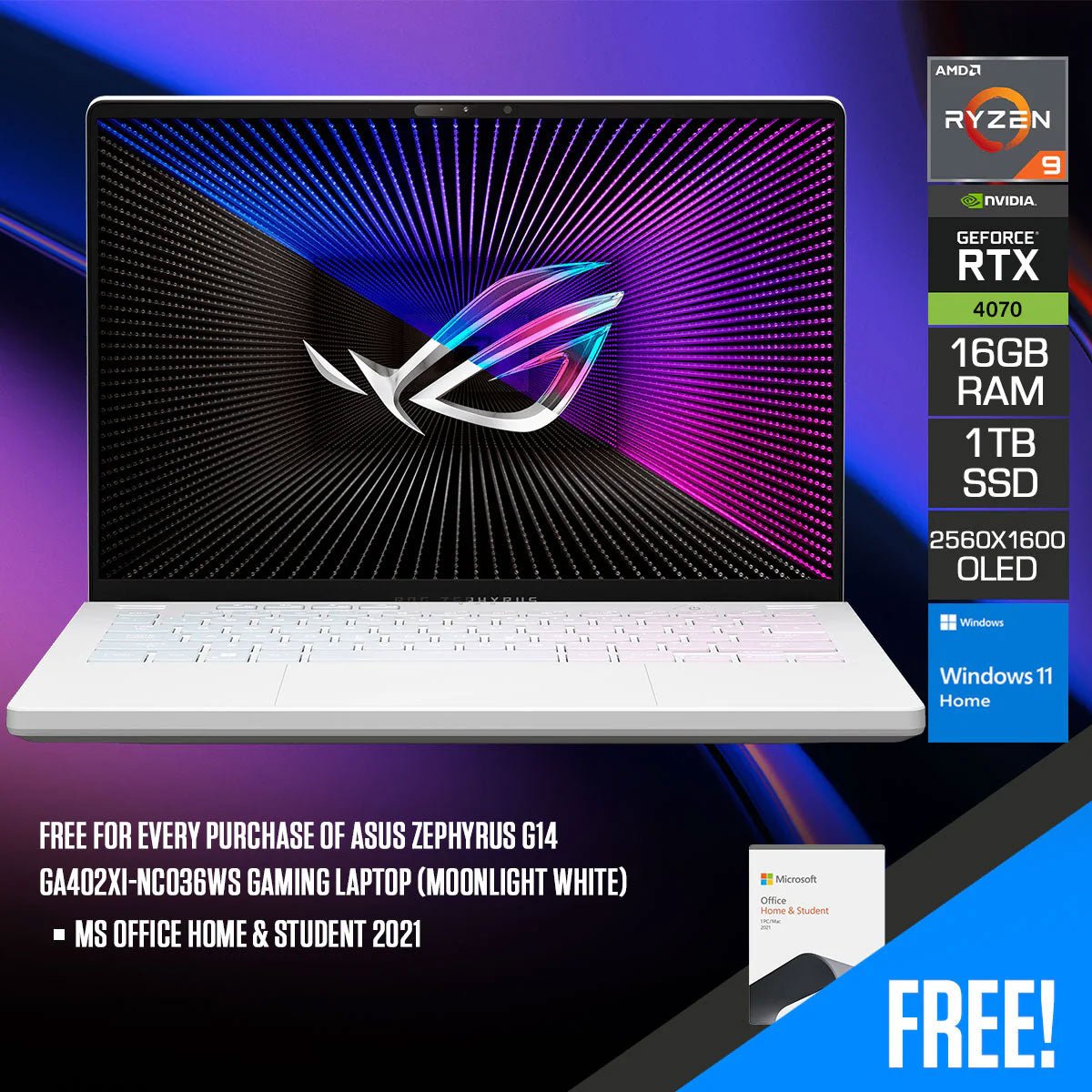 Asus Zephyrus G14 GA402XI - NC036WS Gaming Laptop (Moonlight White) 14" WQXGA Mini Led 165HZ R9 - 7940HS 1TB PCIE4 SSD 8GB GDDR6 + 16GB X 2 RTX 4070 Win 11 Home MS Office Home & Student 2021 - Nectostry