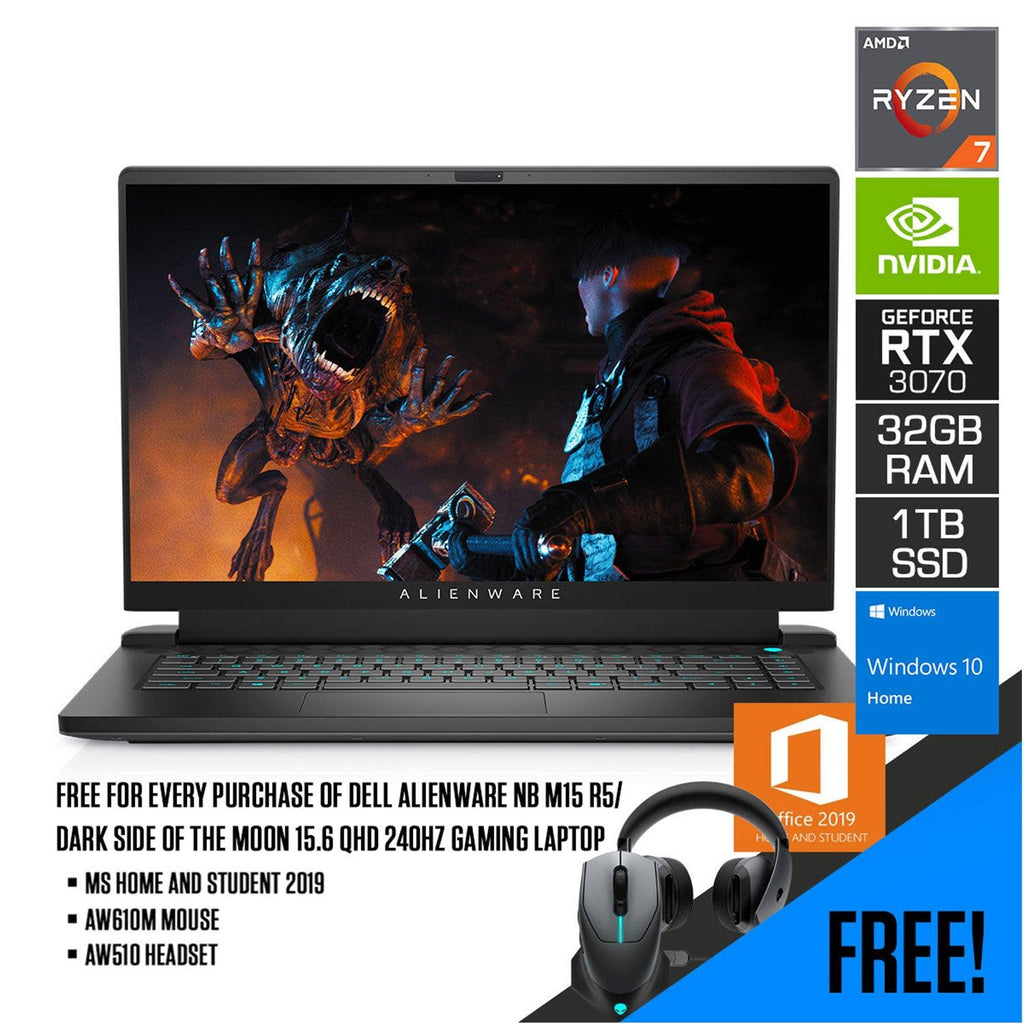 DELL Alienware NB M15 R5/ Dark Side of the Moon Gaming Laptop | 15.6" QHD | R7 5800H | 32GB | 1TB SSD | RTX3070 | WIN10 | MS Office Home and Student 2019 | AW610M Mouse | AW510 Headset - Nectostry