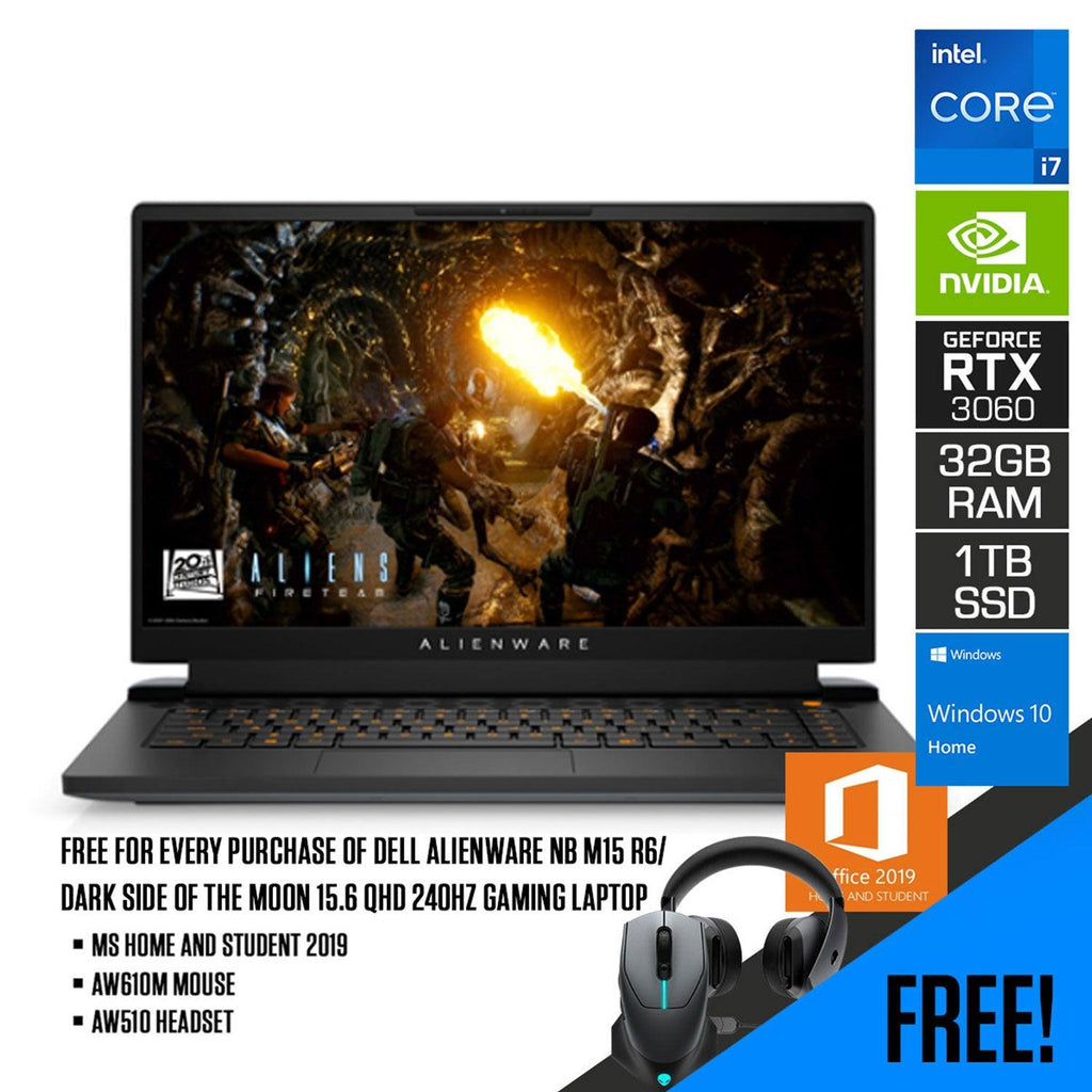DELL Alienware NB M15 R6/ Dark Side of the Moon Gaming Laptop | 15.6" QHD | i7 11800H | 32GB | 1TB SSD | RTX 3060 | WIN10 | MS Office Home and Student 2019 | AW610M Mouse | AW510 Headset - Nectostry