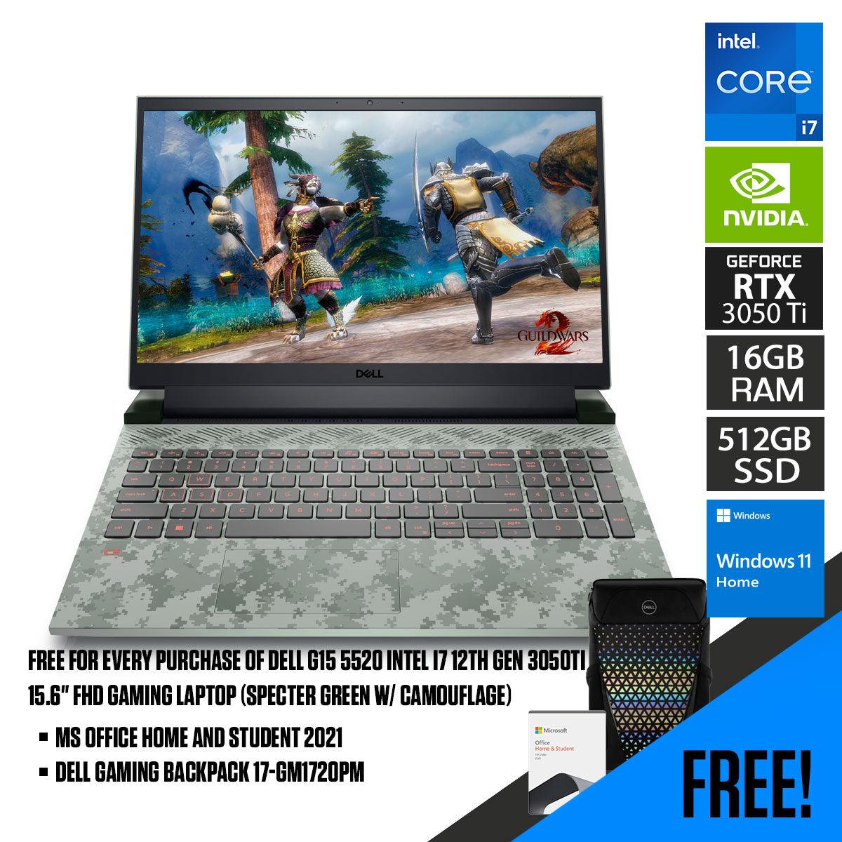Dell G15 5520 Gaming Laptop (Specter Green With Camouflage) | 15.6” FHD | i7 - 12700H | 16GB RAM | 512GB SSD | RTX 3050 Ti | Windows 11 Home | MS Office H&S 2021 | Gaming Backpack 17 - GM1720PM - Nectostry