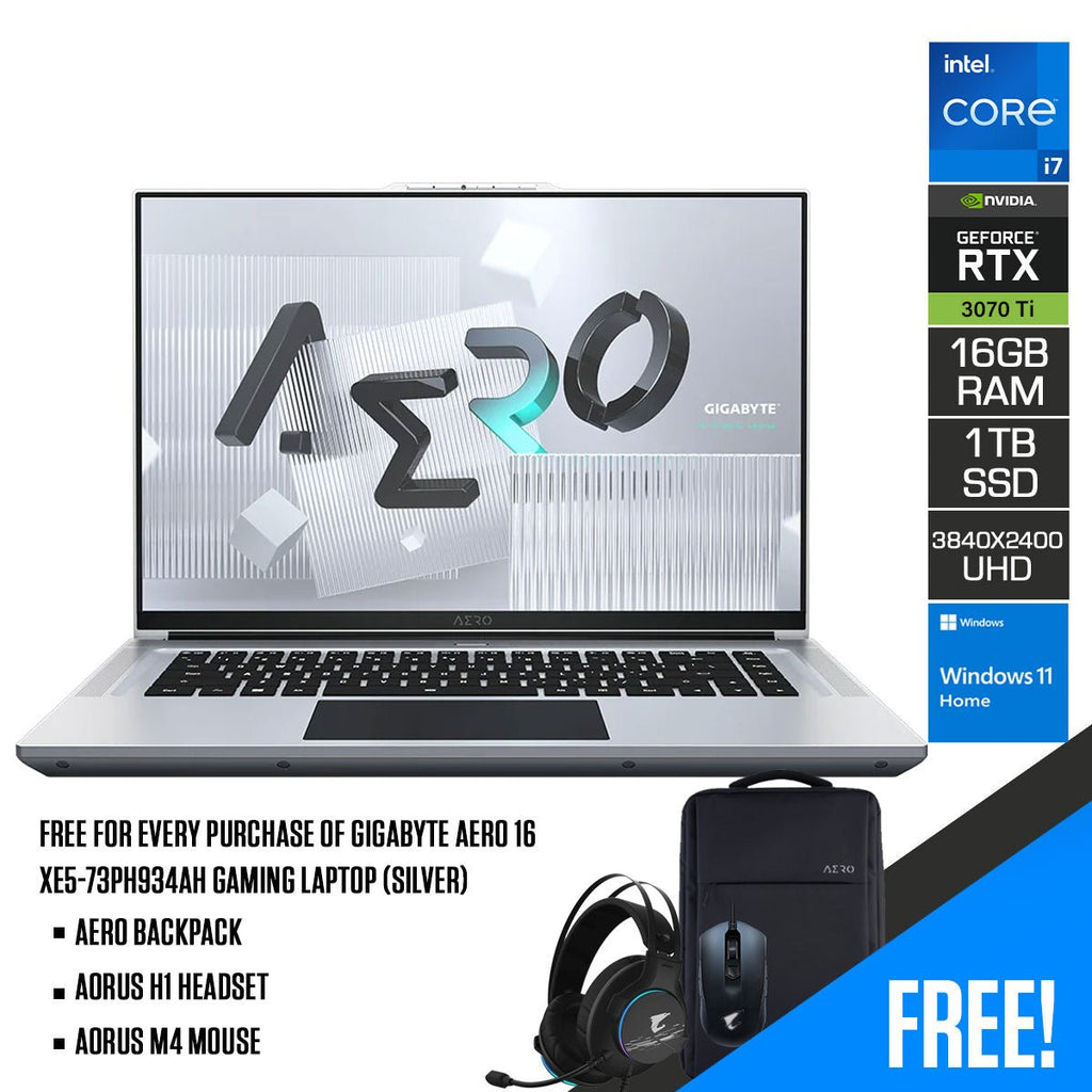 Gigabyte Aero 16 XE5 - 73PH934AH Gaming Laptop (Silver) | 16” UHD (3840x2400) | i7 - 12700H | 16GB DDR5 | 1TB SSD | RTX 3070Ti | Windows 11 Home | Aero Backpack | Aorus M4 Mouse | Aorus H1 Headset - Nectostry