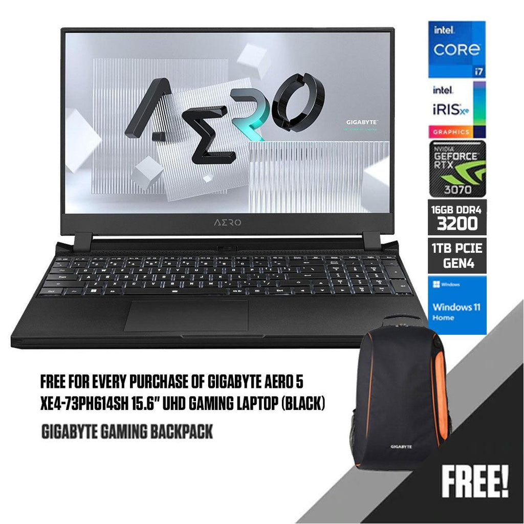 Gigabyte AERO 5 XE4 - 73PH614SH Gaming Laptop (Black) | 15.6" UHD | i7 - 12700H | 16GB DDR4 | 1 TB SSD | RTX™ 3070 Ti | Windows 11 Home + Gigabyte Backpack - Nectostry