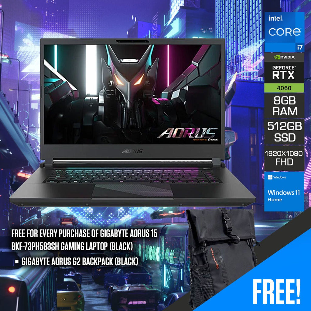 Gigabyte Aorus 15 BKF - 73PH583SH Gaming Laptop (Black) | 15.6" FHD 1920 x 1080 360Hz | i7 13700H | RTX 4060 | 8GB DDR5 | 512GB SSD | Windows 11 Home | Gigabyte Aorus G2 Backpack (Black) - Nectostry