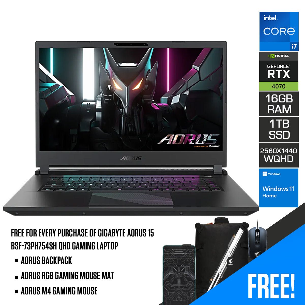 Gigabyte Aorus 15 BSF - 73PH754SH QHD Gaming Laptop | 15.6" QHD 2560 x 1440 | Intel i7 13700H | RTX 4070 | 16GB DDR5 | 1TB SSD | Aorus Backpack | Aorus RGB Gaming Mouse Mat | Aorus M4 Gaming Mouse - Nectostry
