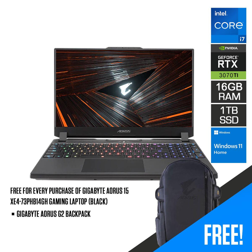 GIGABYTE AORUS 15 XE4 - 73PHB14GH GAMING LAPTOP (BLACK) | 15.6" QHD | i7 - 12700H | 16GB DDR4 | 1TB SSD | RTX 3070 TI | WIN11 + GIGABYTE AORUS G2 BACKPACK - Nectostry