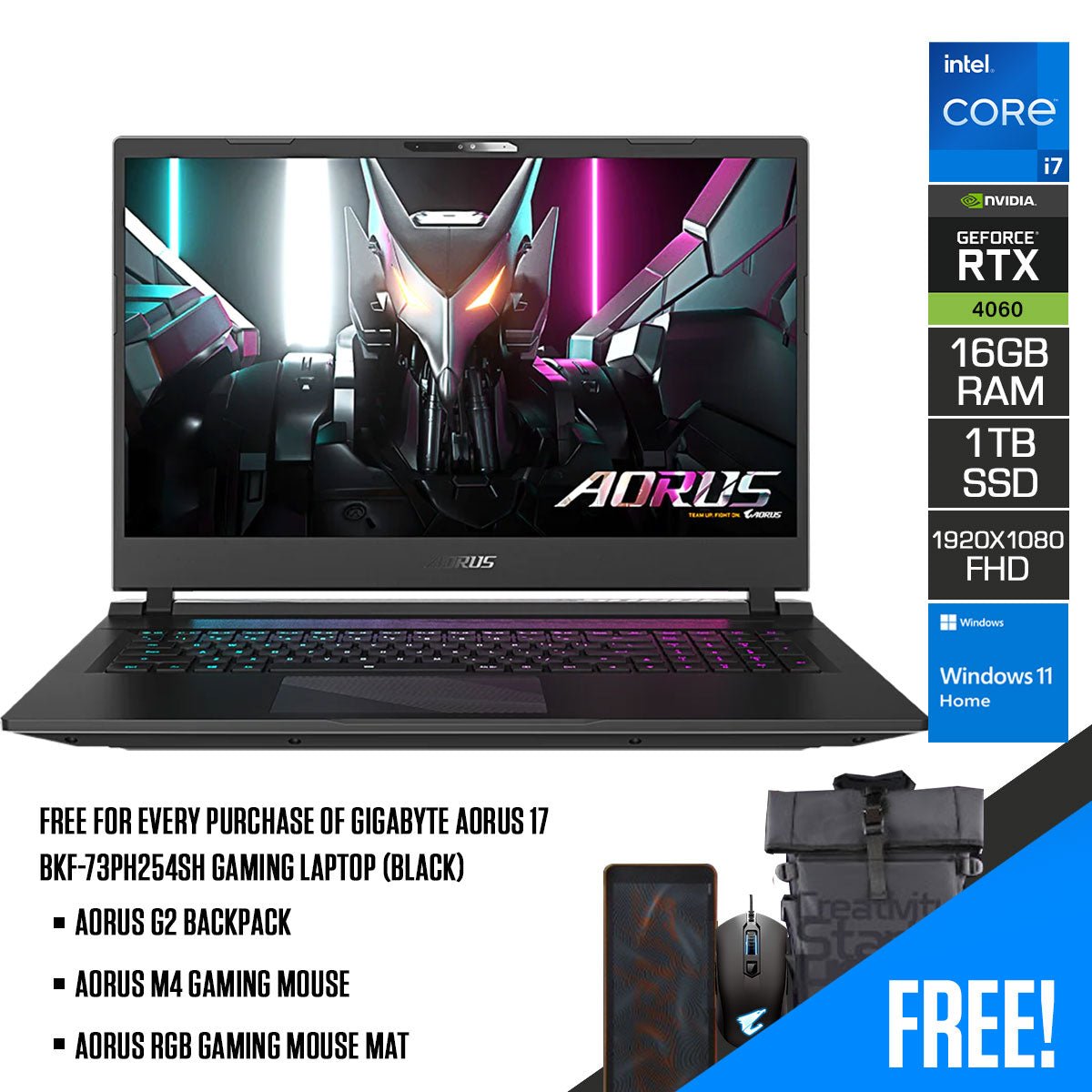 Gigabyte Aorus 17 BKF - 73PH254SH Gaming Laptop (Black) | 17.3" FHD (1920x1080) 300Hz | i7 13700H | 16GB RAM | RTX 4060 | 1TB SSD | Windows 11 Home | Aorus G2 Backpack | Aorus RGB Gaming Mouse Mat | Aorus M4 Gaming Mouse - Nectostry