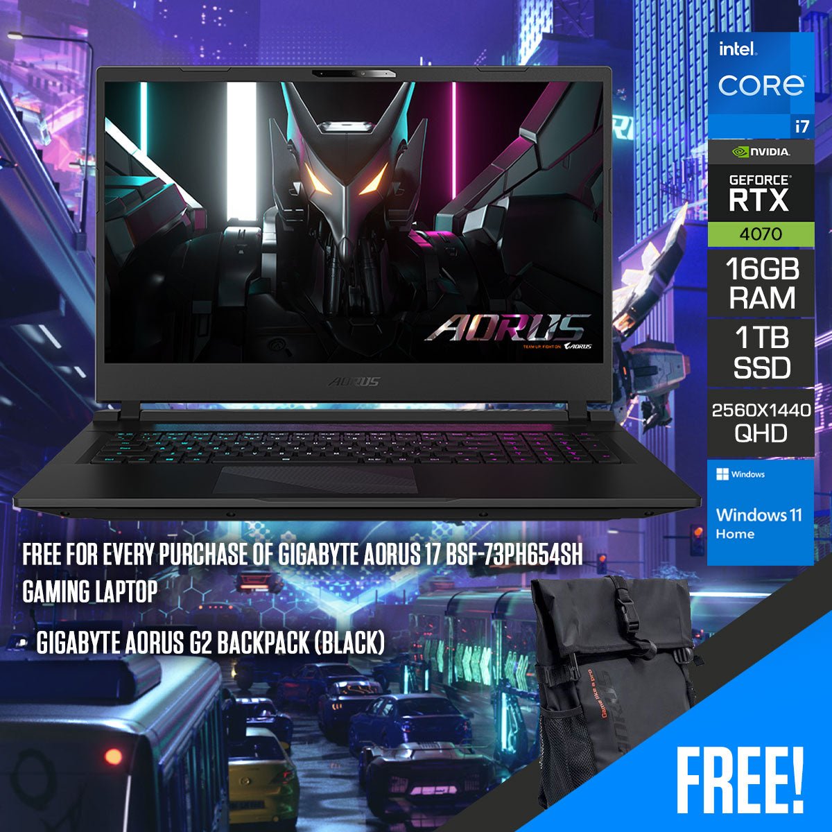 Gigabyte Aorus 17 BSF - 73PH654SH Gaming Laptop (Black) | 17.3" QHD (2560x1440) 240Hz | i7 13700H | 16GB RAM | RTX 4070 | 1TB SSD | Windows 11 Home | Gigabyte Aorus G2 Backpack - Nectostry