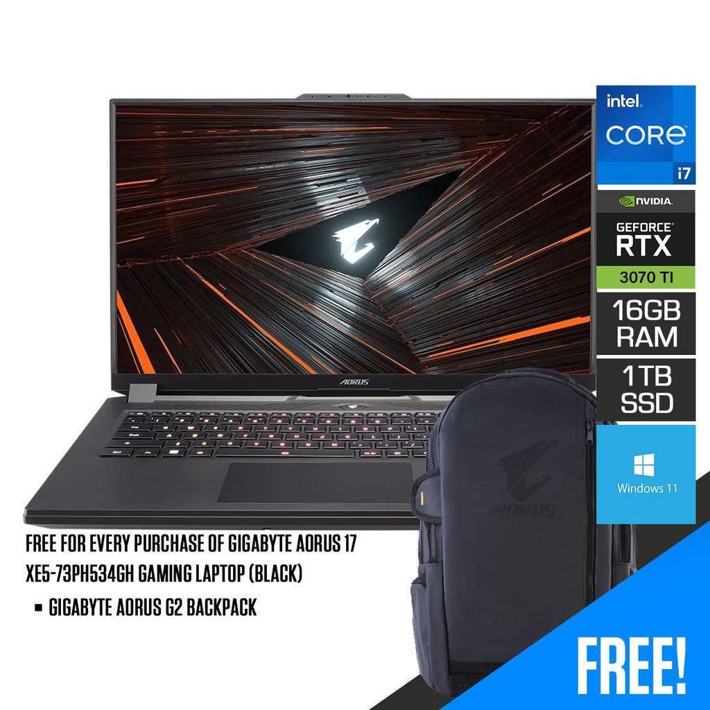 Gigabyte Aorus 17 XE5 - 73PH534GH Gaming Laptop (Black) | 17.3" FHD | i7 - 12700H | 16GB DDR5 | 1 TB SSD | RTX™ 3070 Ti | Windows 11 | Gigabyte Aorus G2 Backpack | AORUS H1 HEADSET | AORUS M4 RGB MOUSE - Nectostry
