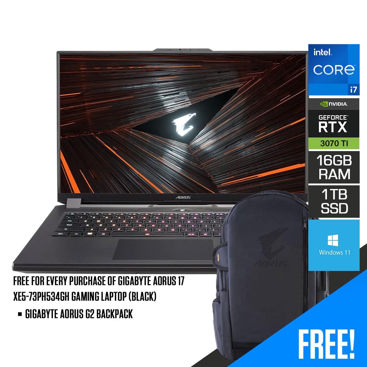 Gigabyte Aorus 17 XE5 - 73PH534GH Gaming Laptop (Black) | 17.3" FHD | i7 - 12700H | 16GB DDR5 | 1 TB SSD | RTX™ 3070 Ti | Windows 11 | Gigabyte Aorus G2 Backpack | AORUS H1 HEADSET | AORUS M4 RGB MOUSE - Nectostry