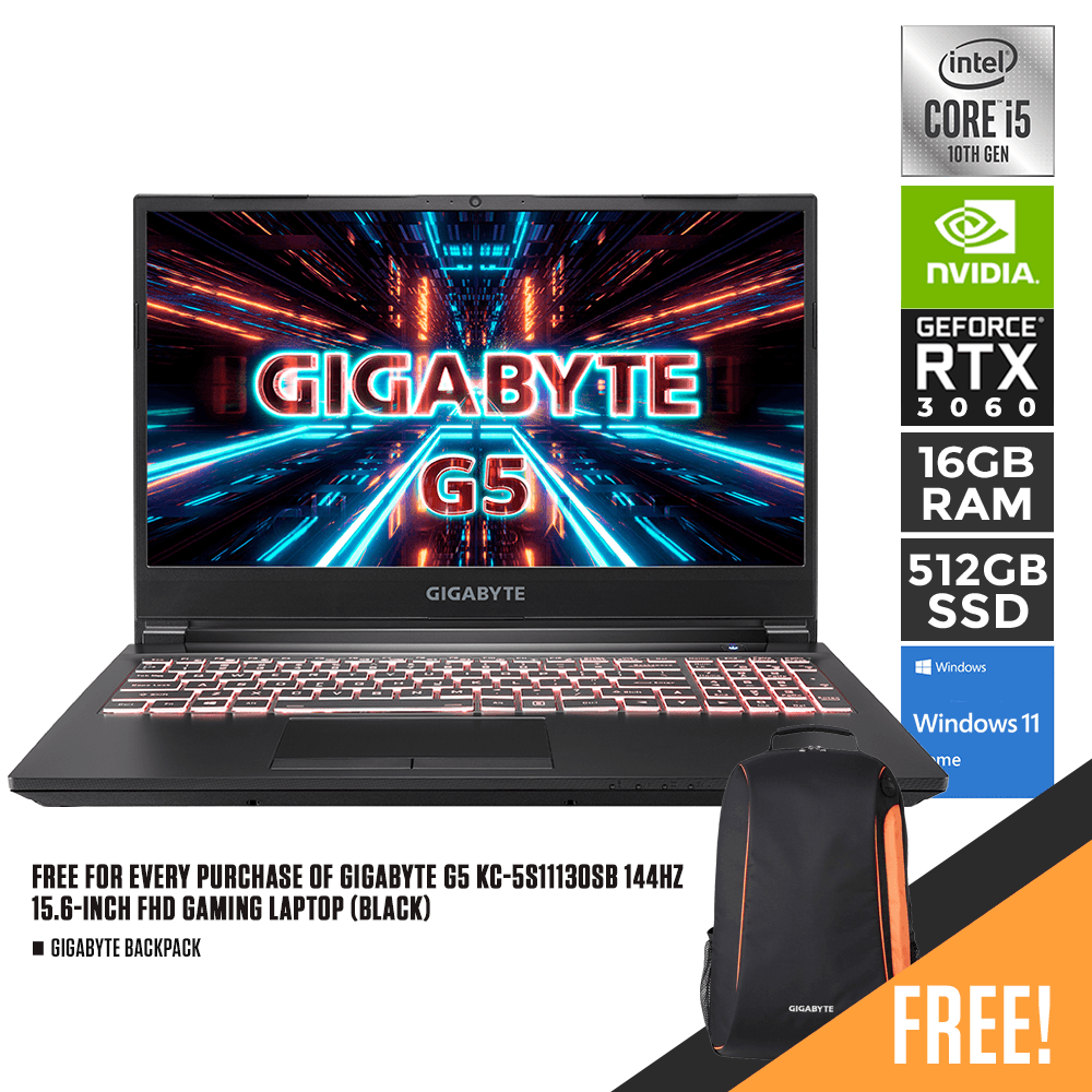 GIGABYTE G5 KC - 5S11130SB Gaming Laptop (Black) | 15.6" FHD | i5 - 10500H | 16GB DDR4 | 512GB SSD | RTX 3060 | WIN11 | GIGABYTE Backpack - Nectostry