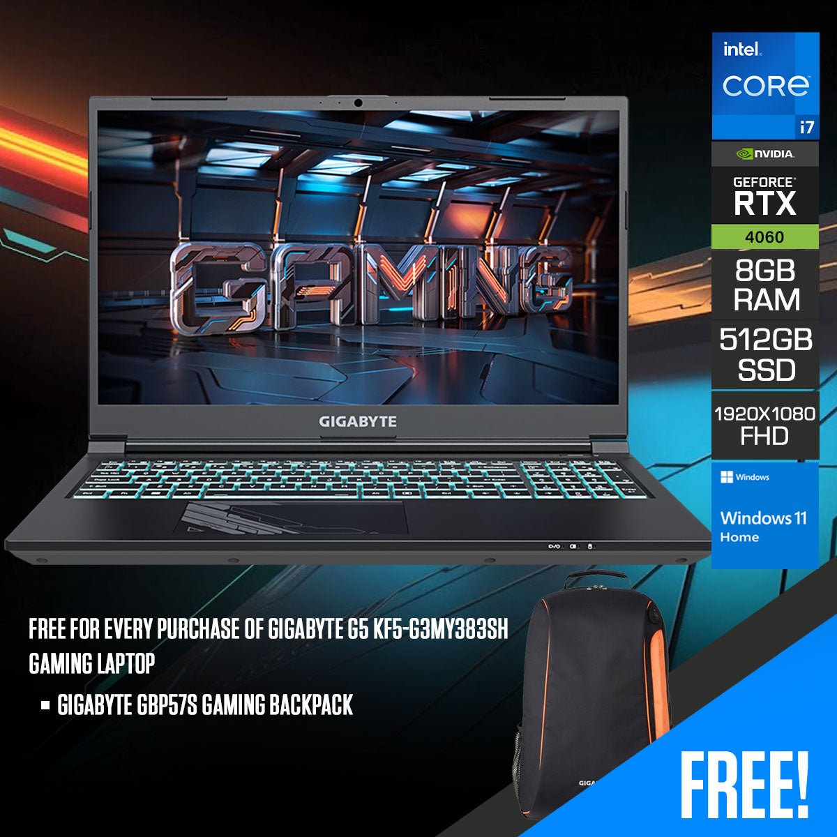 Gigabyte G5 KF5 - G3MY383SH Gaming Laptop | 15.6" (1920x1080) 144HZ FHD | i7 - 12650H 4.7GHz | 8GB RAM (Max 64GB) | 512GB SSD | GeForce RTX 4060 | 15 - Color Illuminated Full Size Keyboard w/ NumPad | Windows 11 Home | Gigabyte GBP57S Gaming Backpack - Nectostry