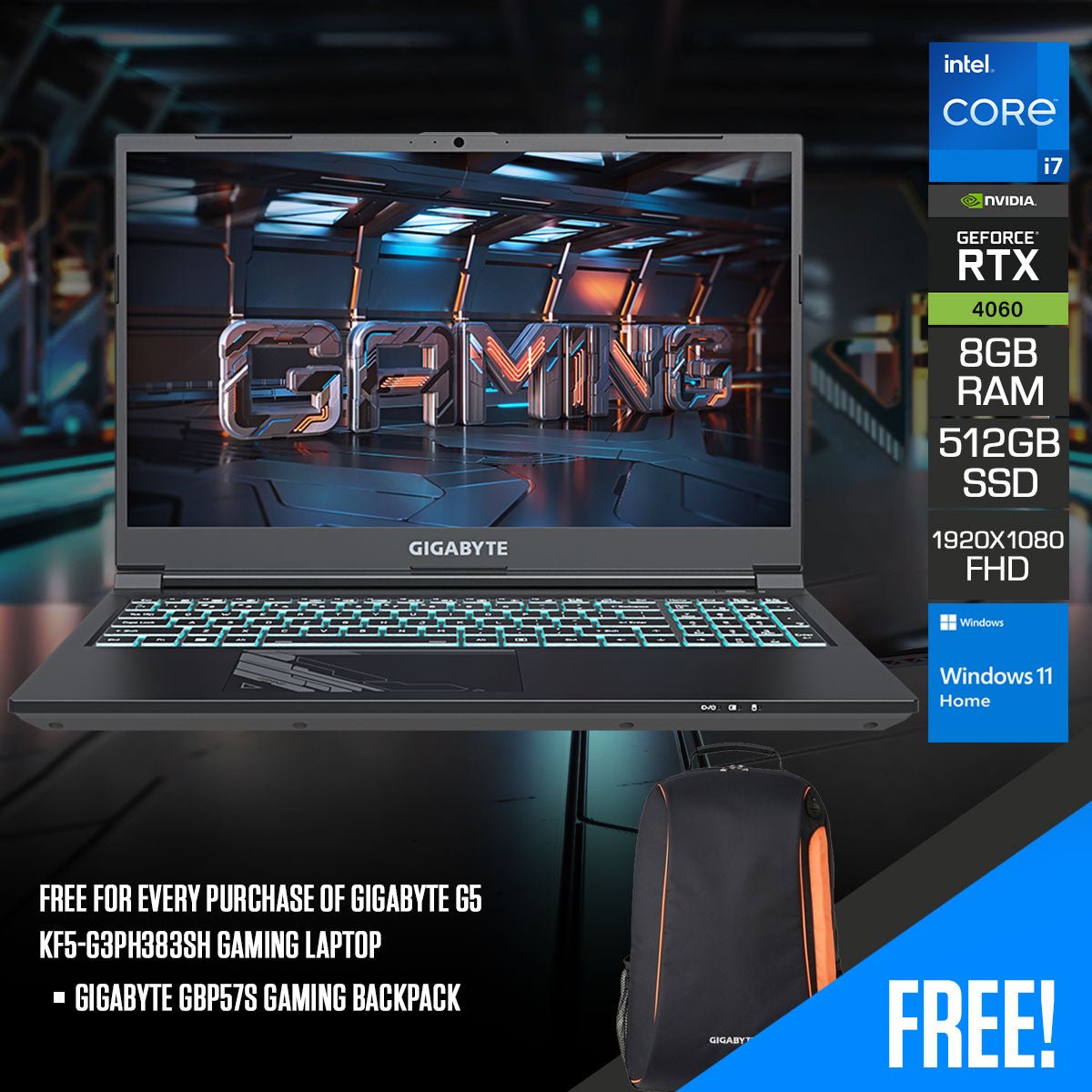 Gigabyte G5 KF5 - G3PH383SH Gaming Laptop | 15.6" (1920X1080) 144Hz FHD | i7 - 12650H 4.7GHZ | 8GB RAM (Max 64GB) | 512GB SSD | GeForce RTX 4060 | 15 - Color Illuminated Full Size Keyboard W/ Numpad | Windows 11 Home | Gigabyte GBP57S Gaming Backpack - Nectostry