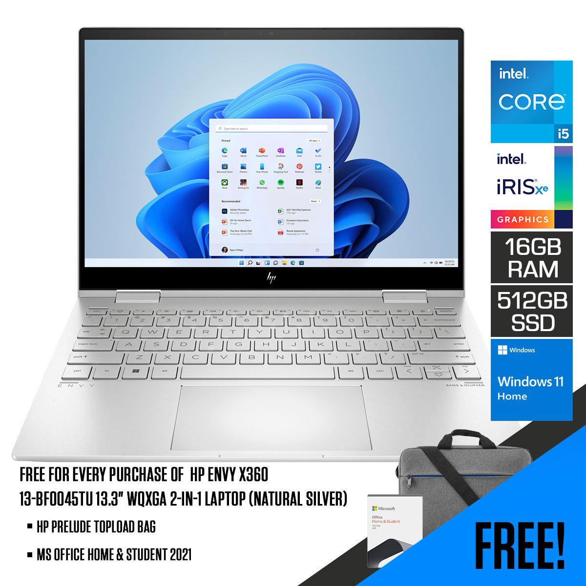 HP Envy X360 13 - BF0045TU 13.3” WUXGA 2 - IN - 1 Laptop (Natural Silver) + MS Office H&S 2021 + HP Prelude 15.6” Topload Bag - Nectostry