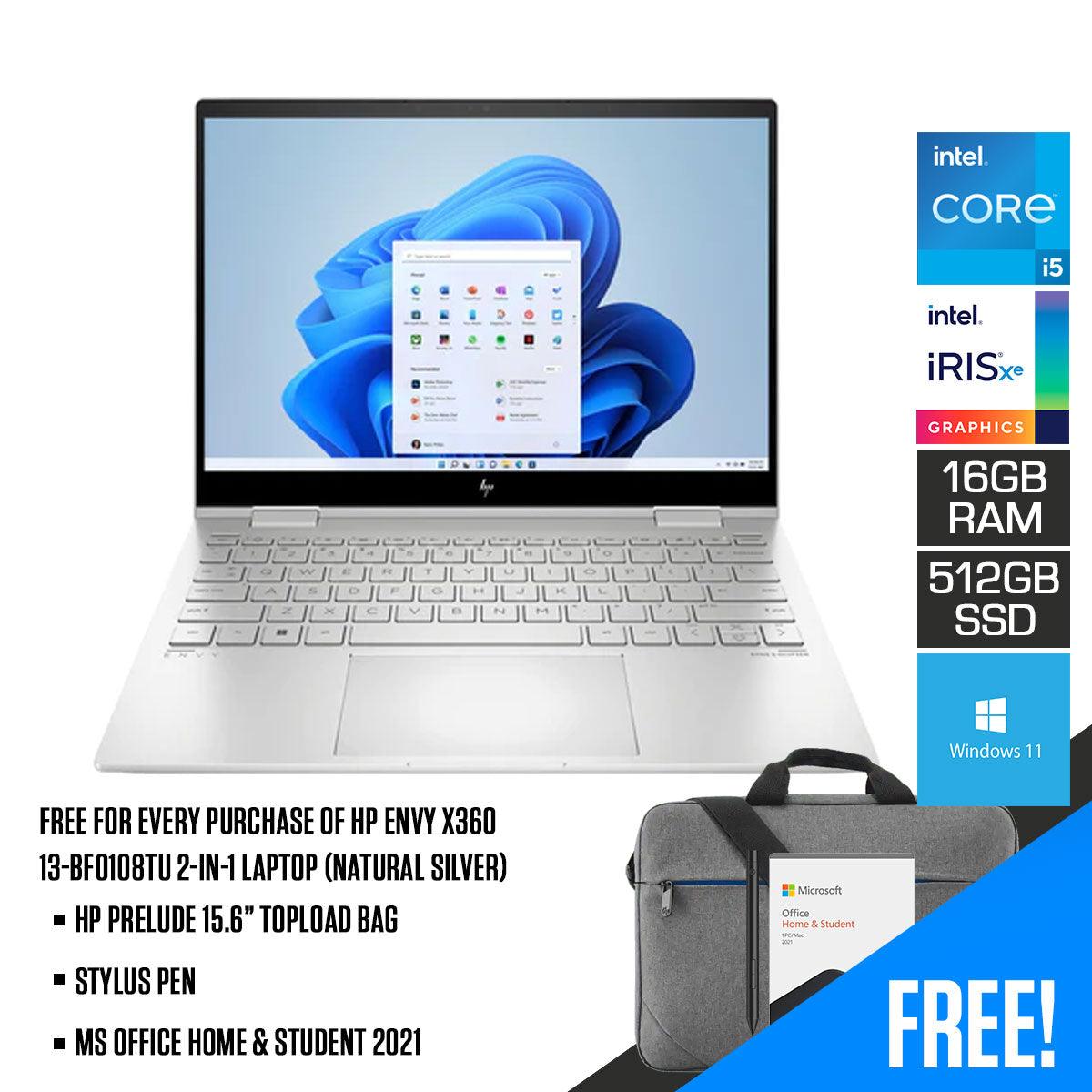 HP Envy X360 13 - BF0108TU 2 - In - 1 Laptop (Natural Silver) | 13.3” WUXGA | i5 - 1230U | 16 GB RAM | 512 GB SSD | Intel Iris Xe | Windows 11 | MS Office H&S 2021 | Stylus Pen | HP Prelude 15.6” Topload Bag - Nectostry